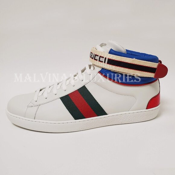 GUCCI SNEAKERS MENS ACE LOGO STRIPE WEB SNAKE BACK HITOP SHOES 6.5G / US 7 - Picture 5 of 13